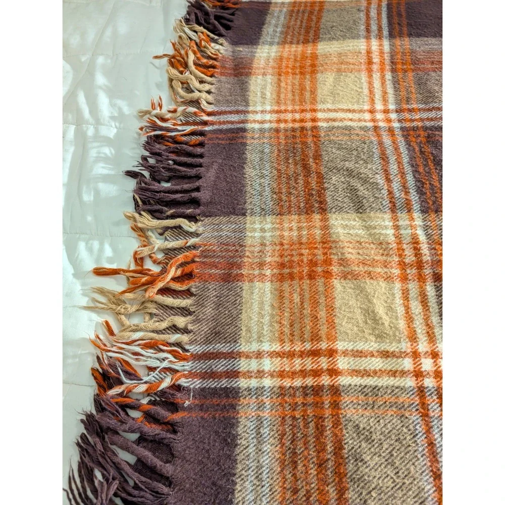 Faribo Plaid Tartan Throw‎ Blanket Fringe Brown Acrylic Made in USA Vintage